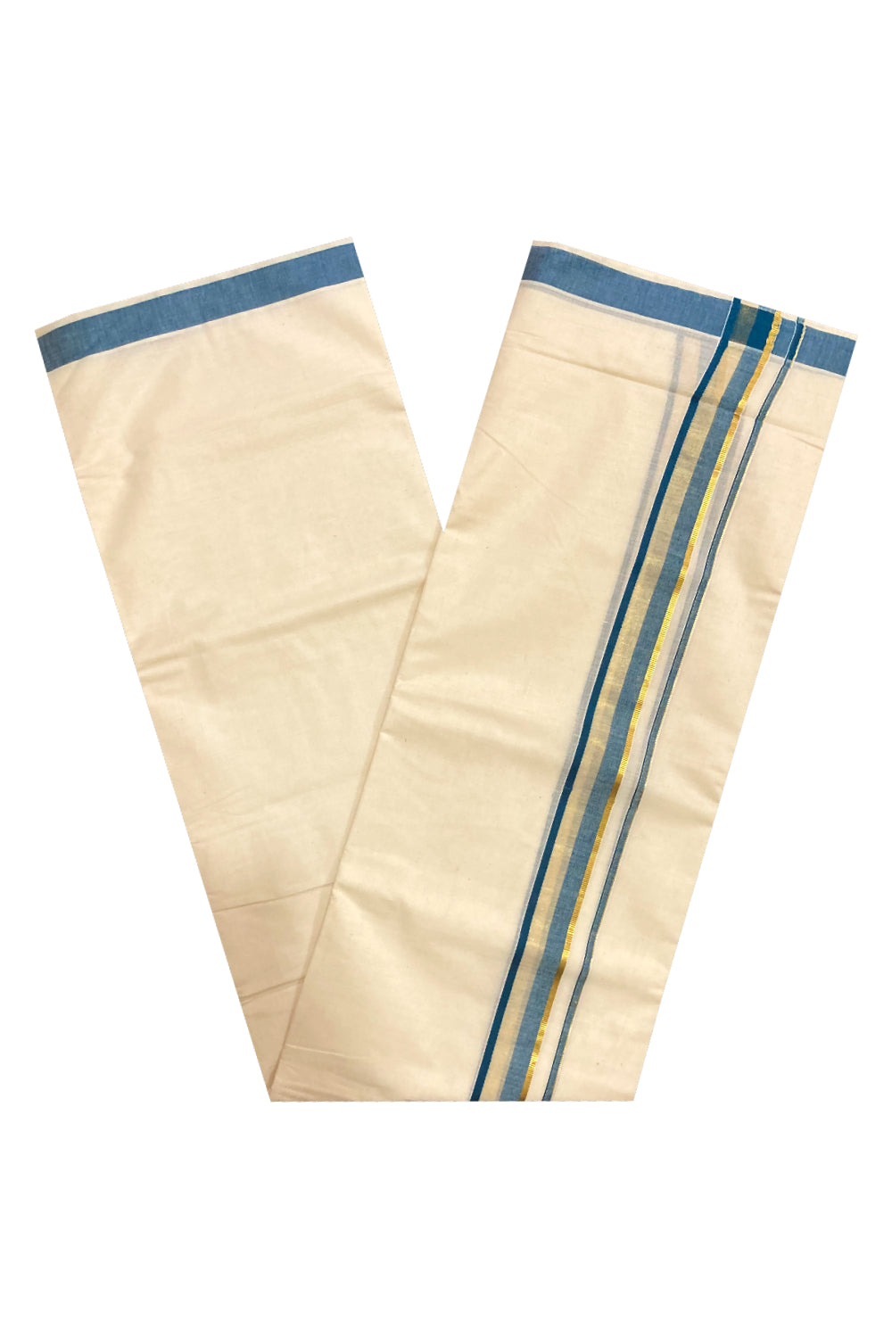 Off White Kerala Double Mundu with Blue and Kasavu Border (South Indian Dhoti)