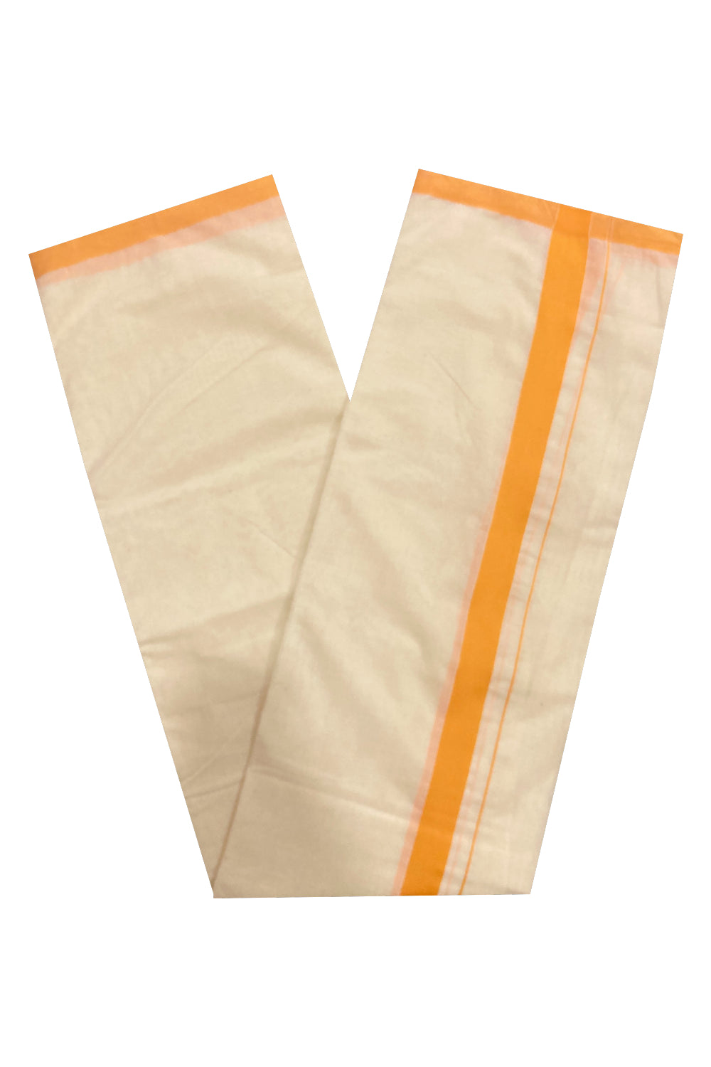 Off White Pure Cotton Double Mundu with Orange Border (South Indian Dhoti)