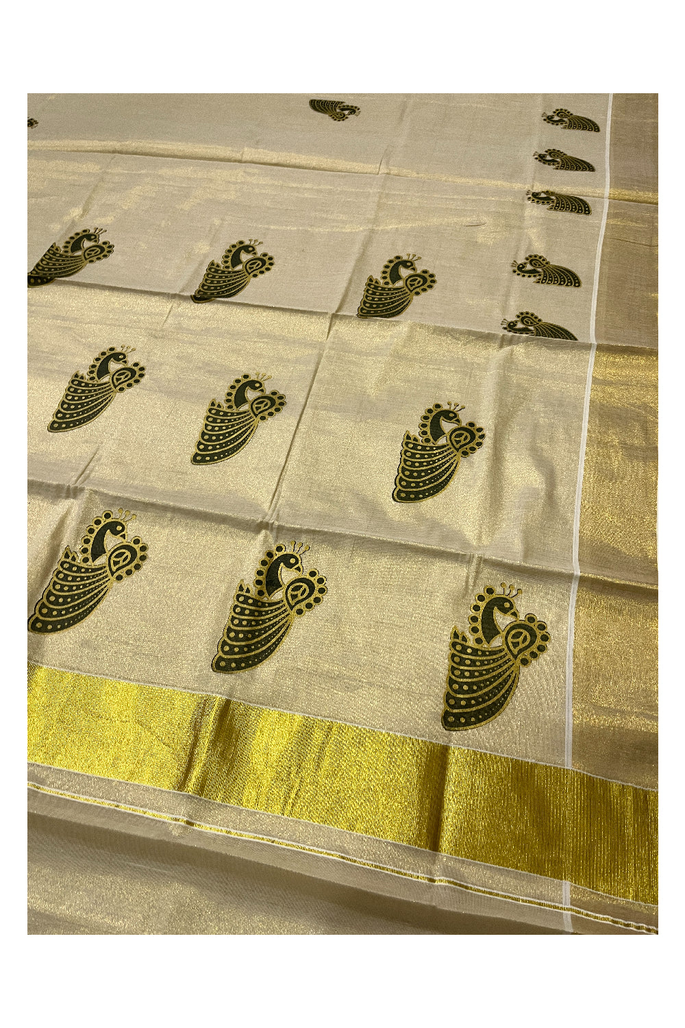 Kerala Tissue Kasavu Green Golden Peacock Block Printed Design Saree