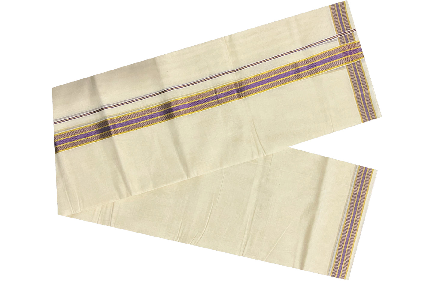 Southloom Balaramapuram Handloom Pure Cotton Mundu with Golden and Violet Kasavu Border (South Indian Dhoti)