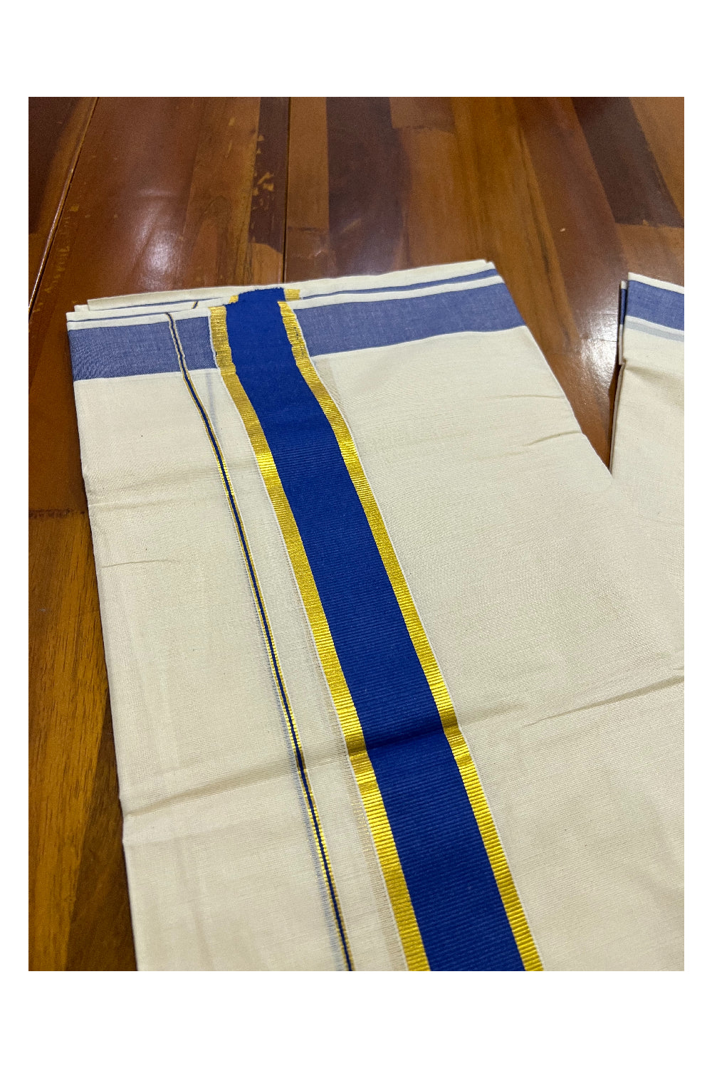 Off White Kerala Double Mundu with Kasavu and Dark Blue Border (South Indian Dhoti)