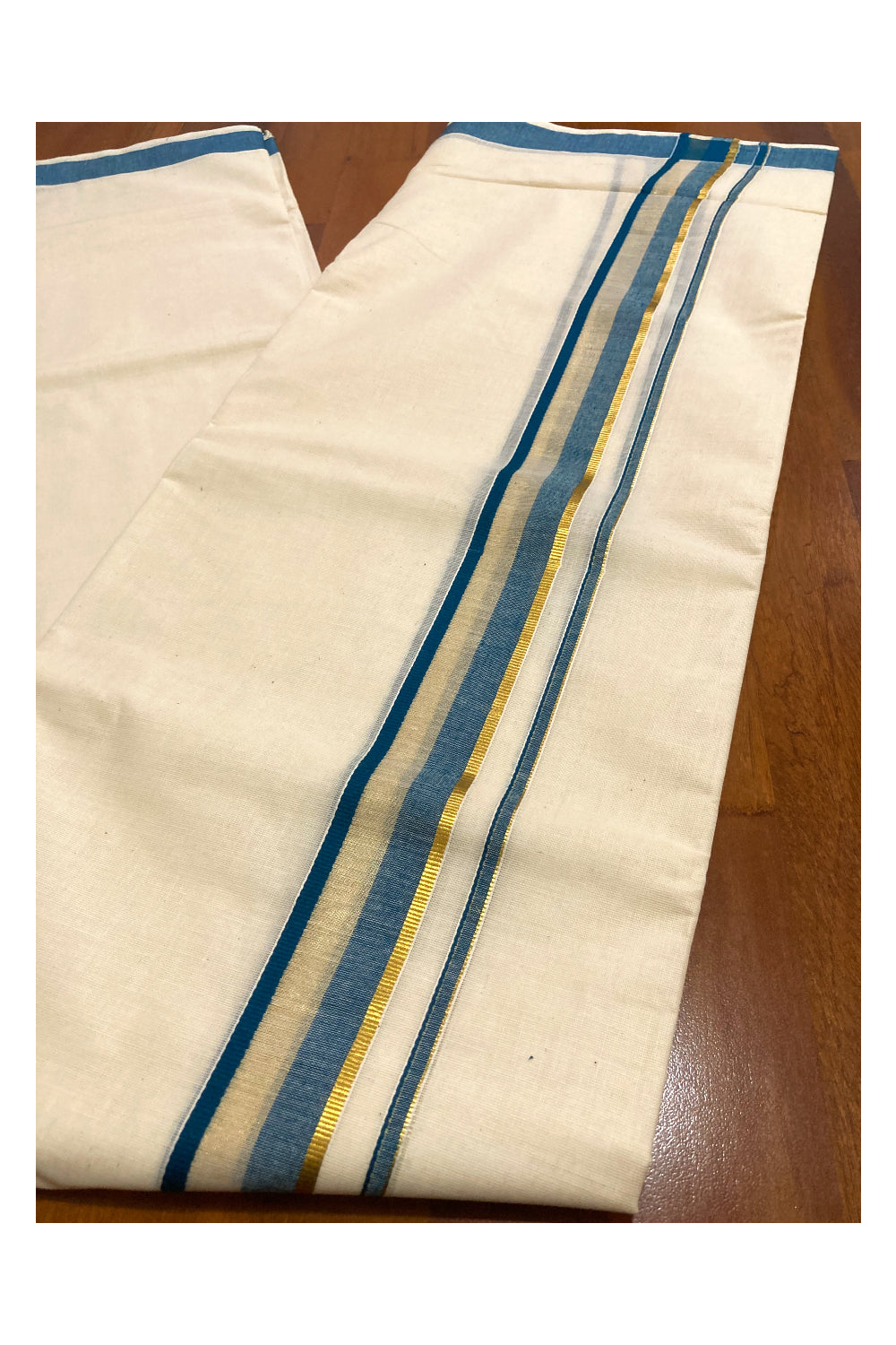 Off White Kerala Double Mundu with Blue and Kasavu Border (South Indian Dhoti)