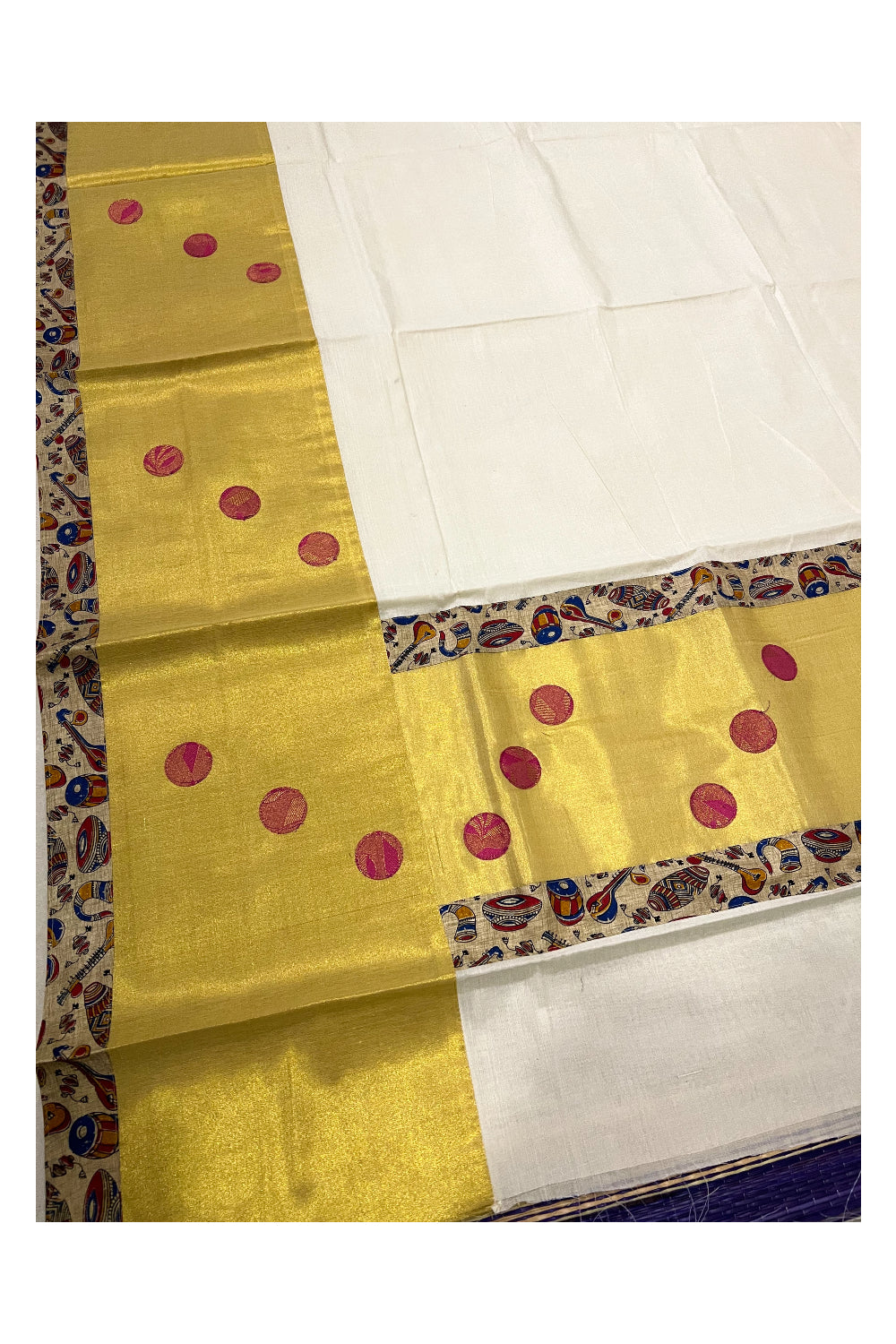Kerala Pure Cotton Fusion Art Saree with Beige Musical Instruments Printed and Polka works on Pallu