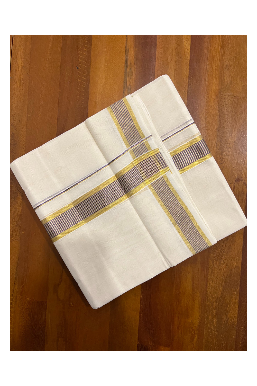 Southloom Balaramapuram Handloom Pure Cotton Mundu with Golden and Violet Line Kasavu Border (South Indian Dhoti)