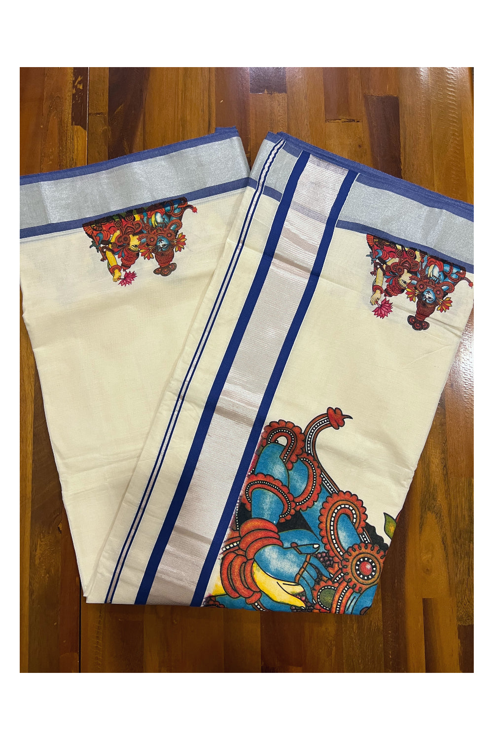 Southloom Silver Kasavu and Blue Kara Saree with Krishna Radha Mural Design