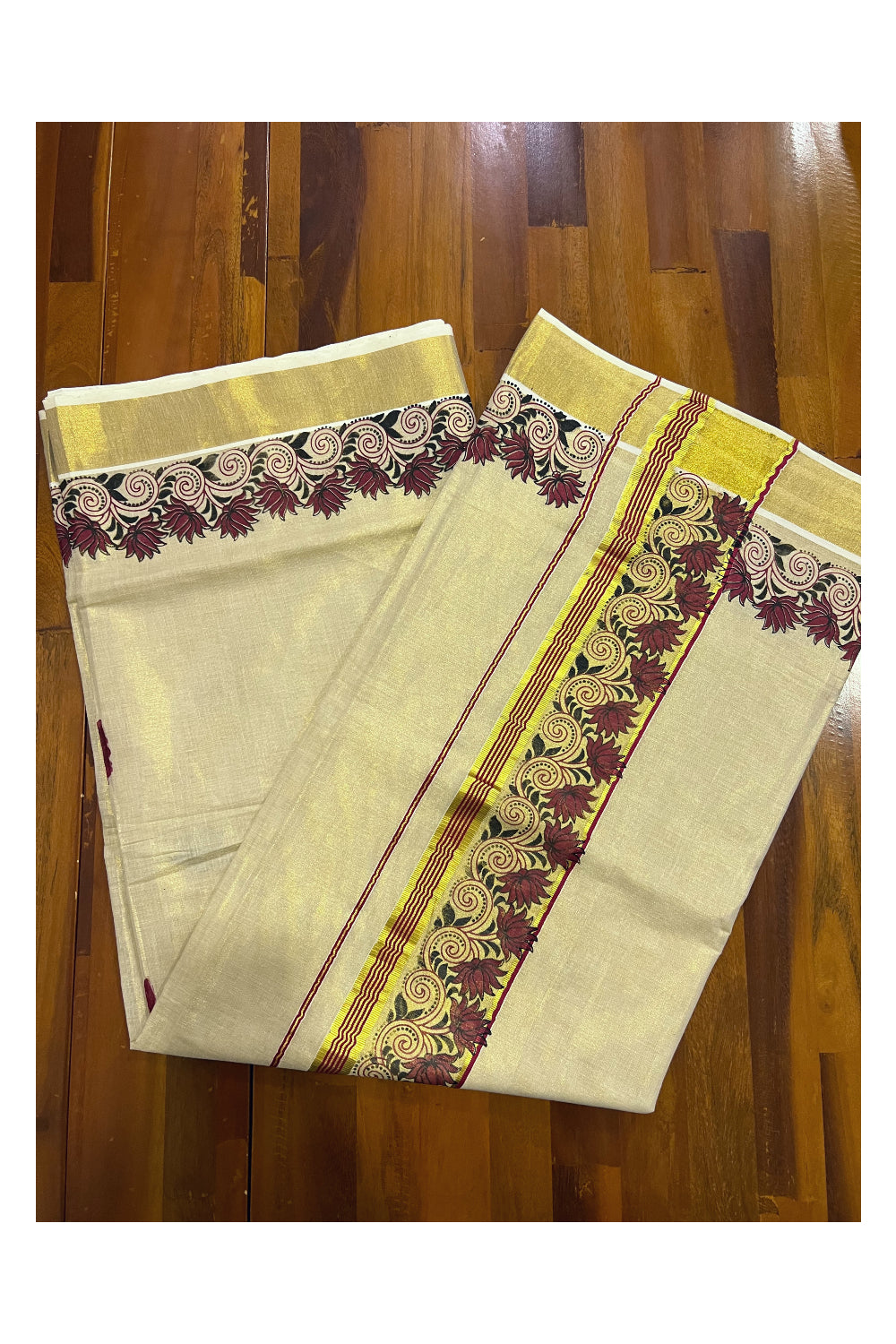 Kerala Tissue Kasavu Saree with Maroon and Black Mural Printed Floral Designs