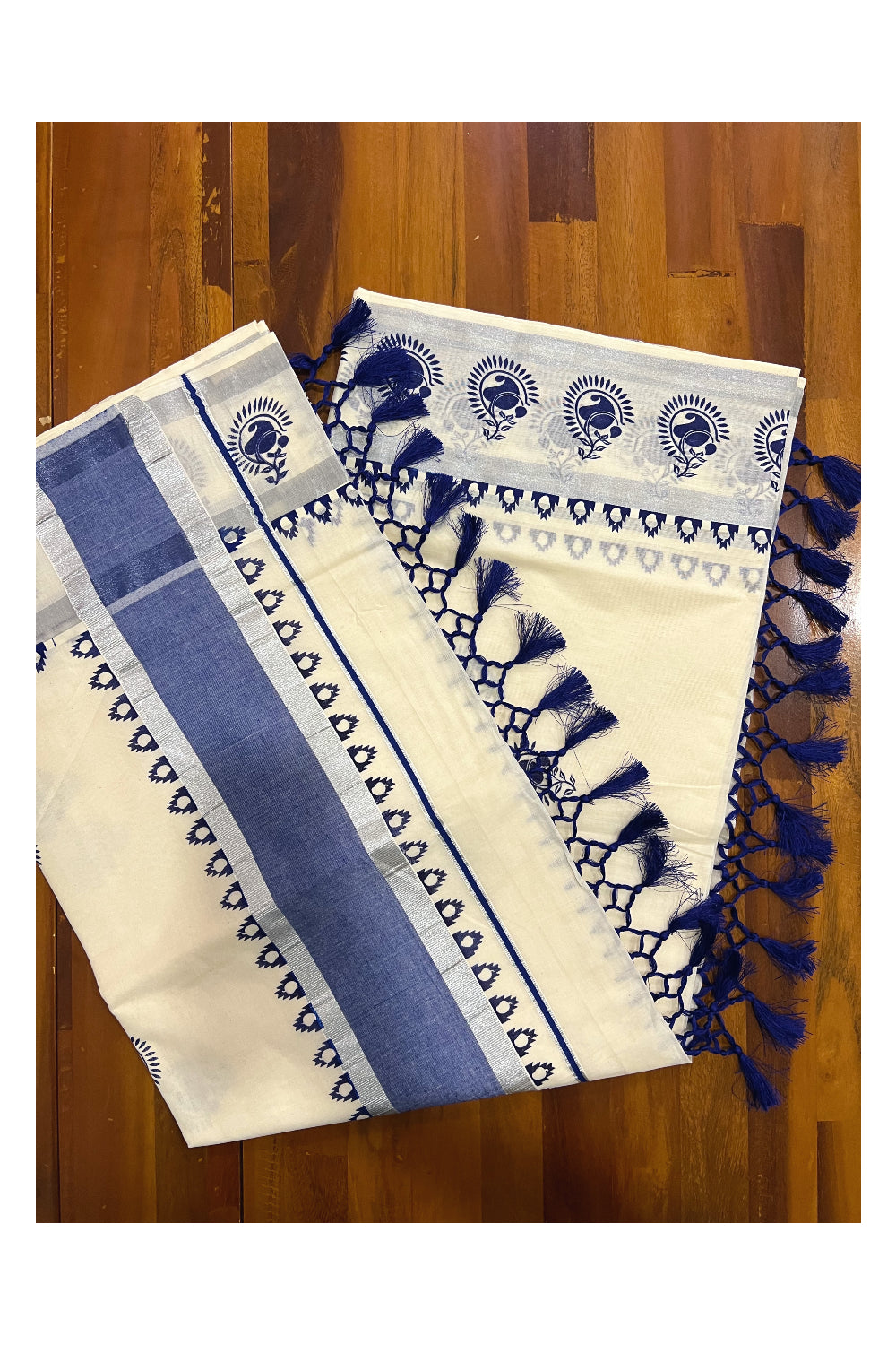 Pure Cotton Kerala Saree with Silver Kasavu Blue Paisley Block Prints on Border and Tassels Works