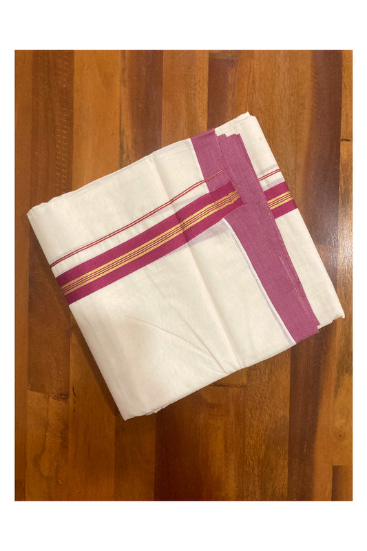 Off White Pure Cotton Double Mundu with Kasavu and Light Magenta Border (South Indian Dhoti)