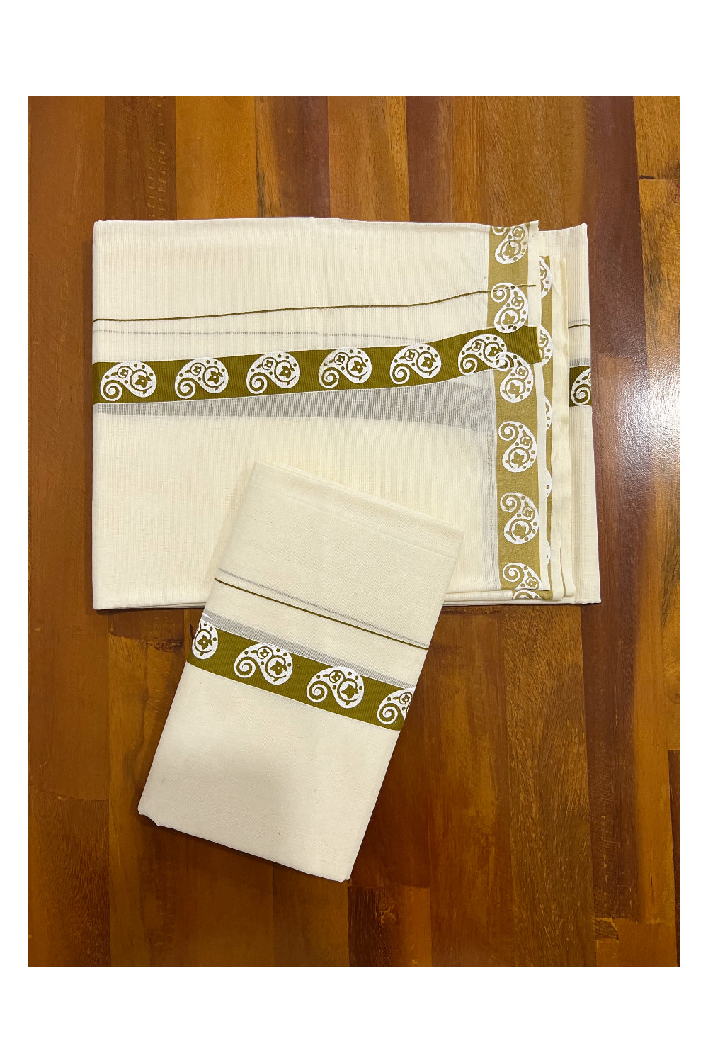 Pure Cotton Set Mundu (Mundum Neriyathum) with White Paisley Block Prints on 1 inch Olive Green Border