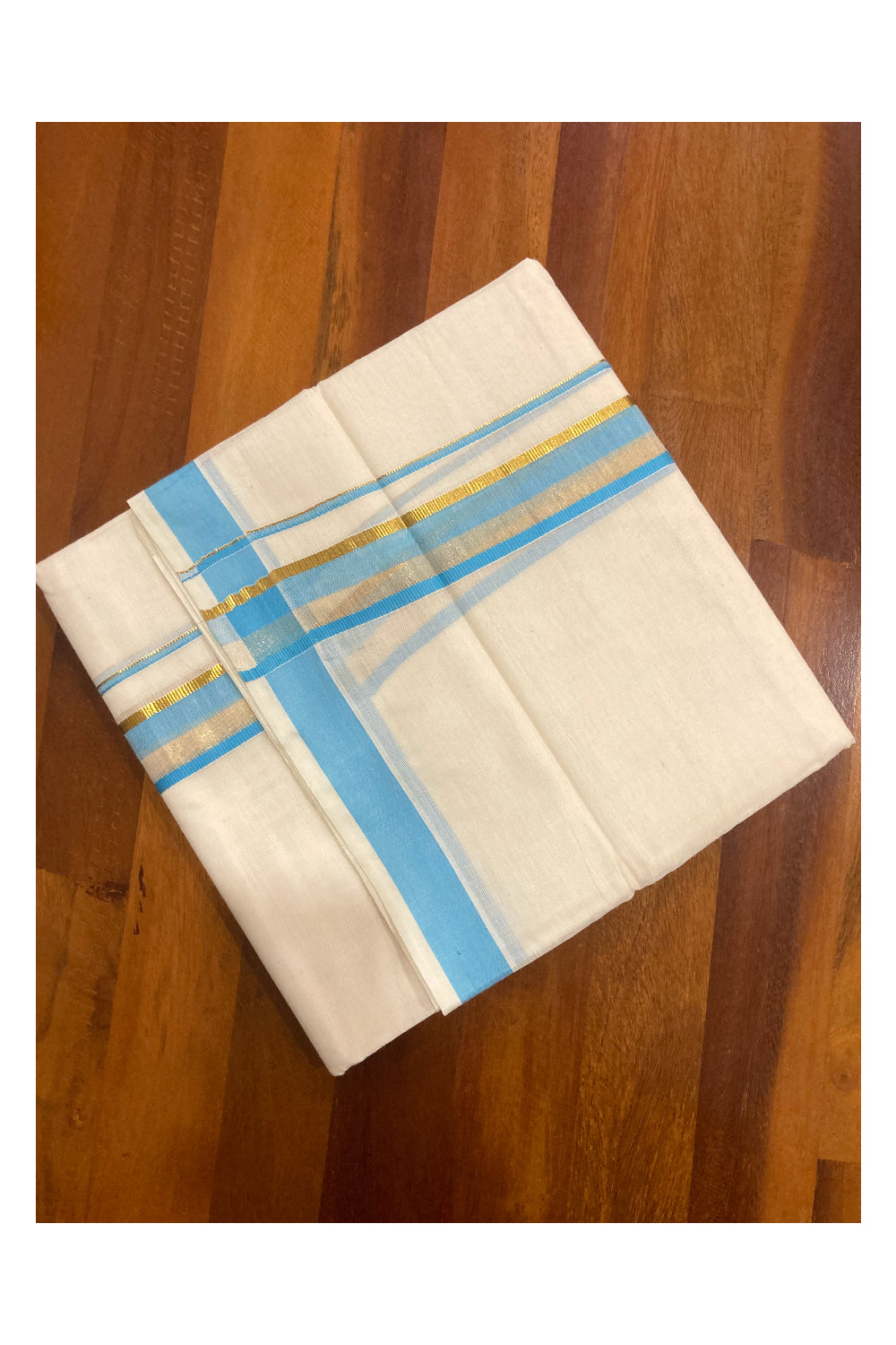 Off White Kerala Double Mundu with Blue and Kasavu Border (South Indian Dhoti)