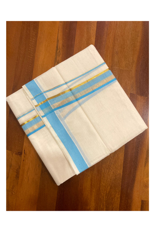 Off White Kerala Double Mundu with Blue and Kasavu Border (South Indian Dhoti)