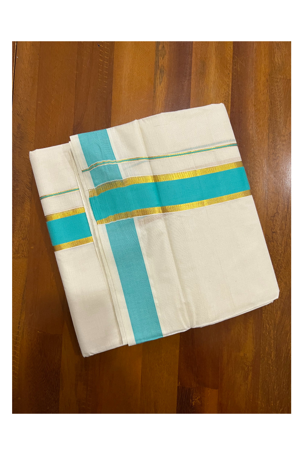 Off White Kerala Double Mundu with Kasavu and Turquoise Border (South Indian Dhoti)