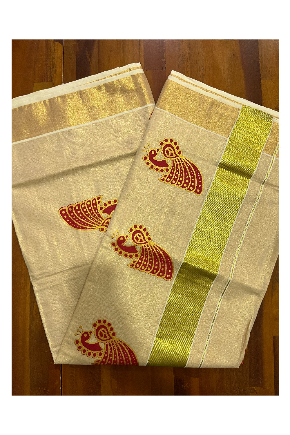 Kerala Tissue Kasavu Red Golden Peacock Block Printed Design Saree