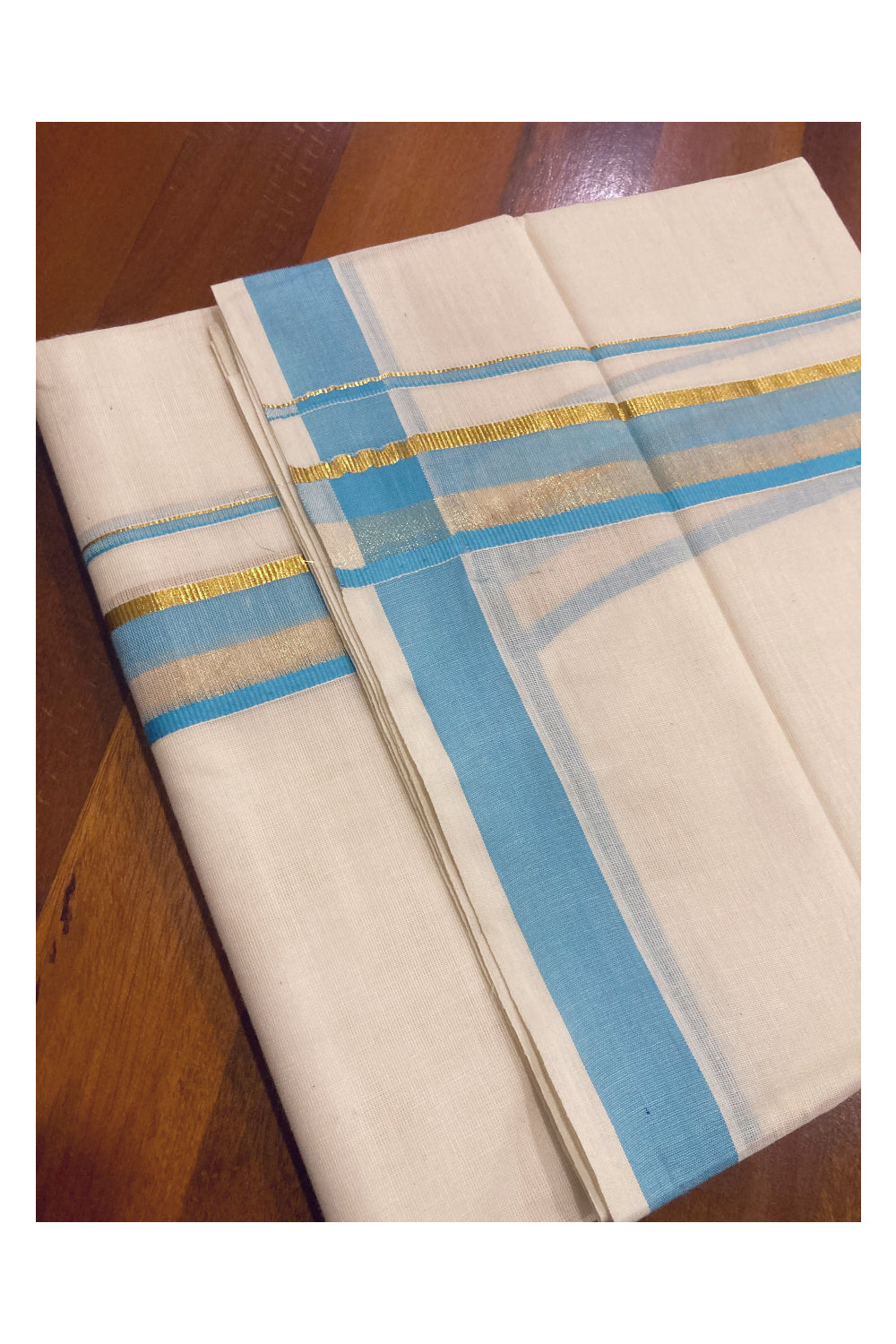 Off White Kerala Double Mundu with Blue and Kasavu Border (South Indian Dhoti)