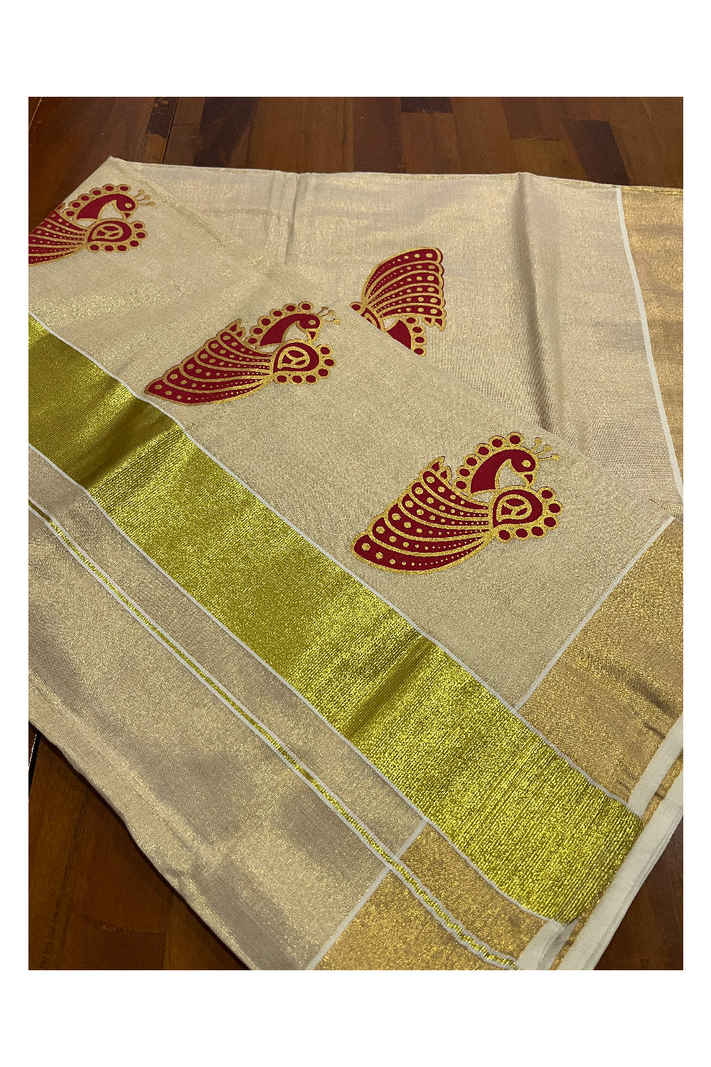 Kerala Tissue Kasavu Red Golden Peacock Block Printed Design Saree