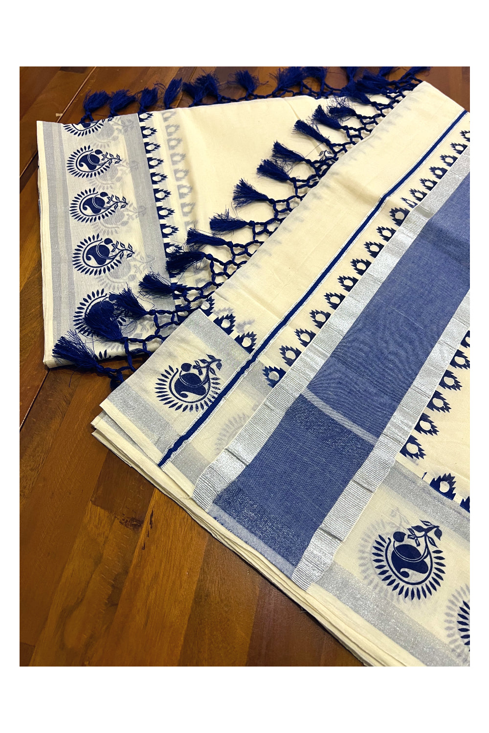 Pure Cotton Kerala Saree with Silver Kasavu Blue Paisley Block Prints on Border and Tassels Works