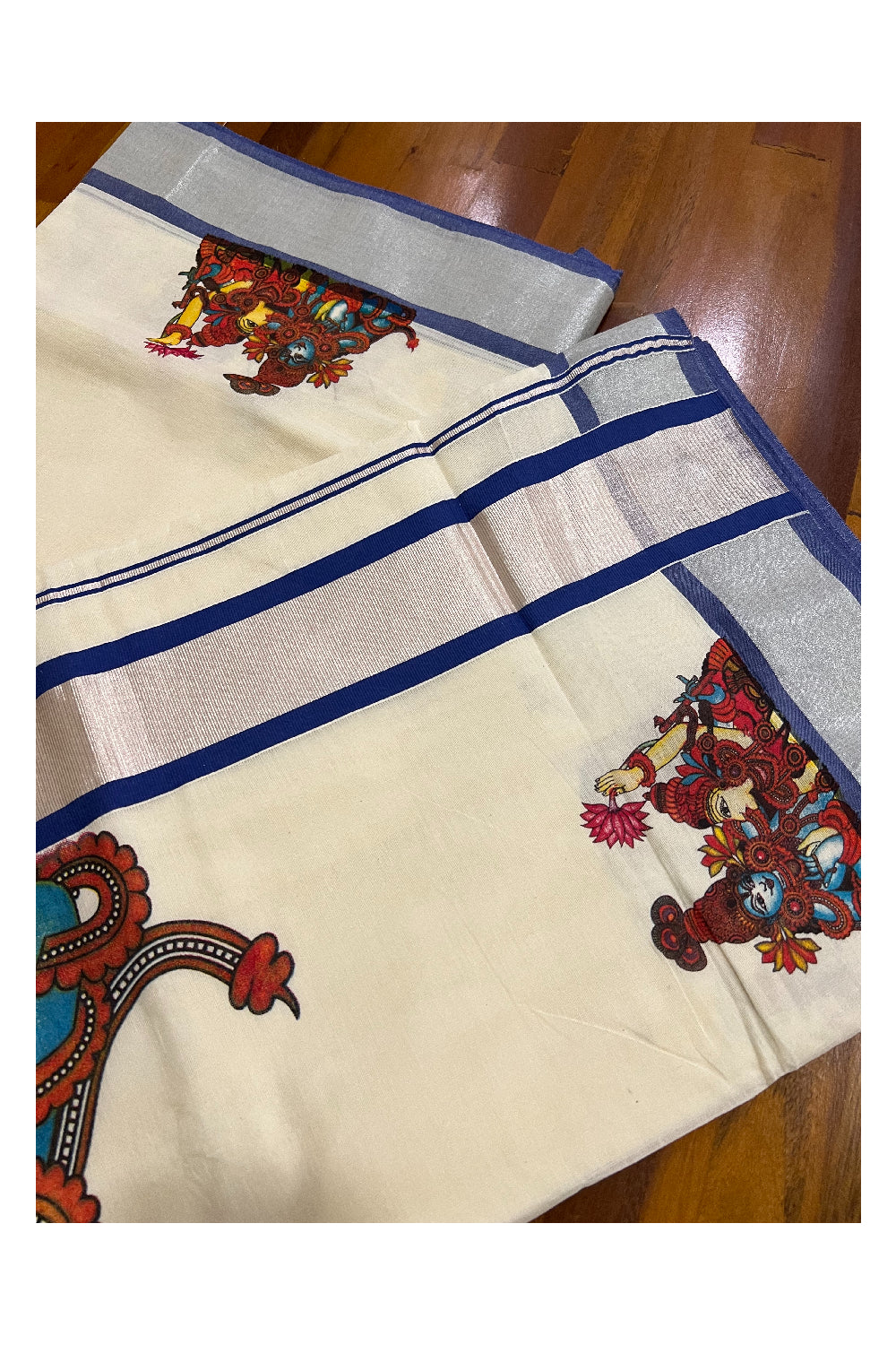 Southloom Silver Kasavu and Blue Kara Saree with Krishna Radha Mural Design