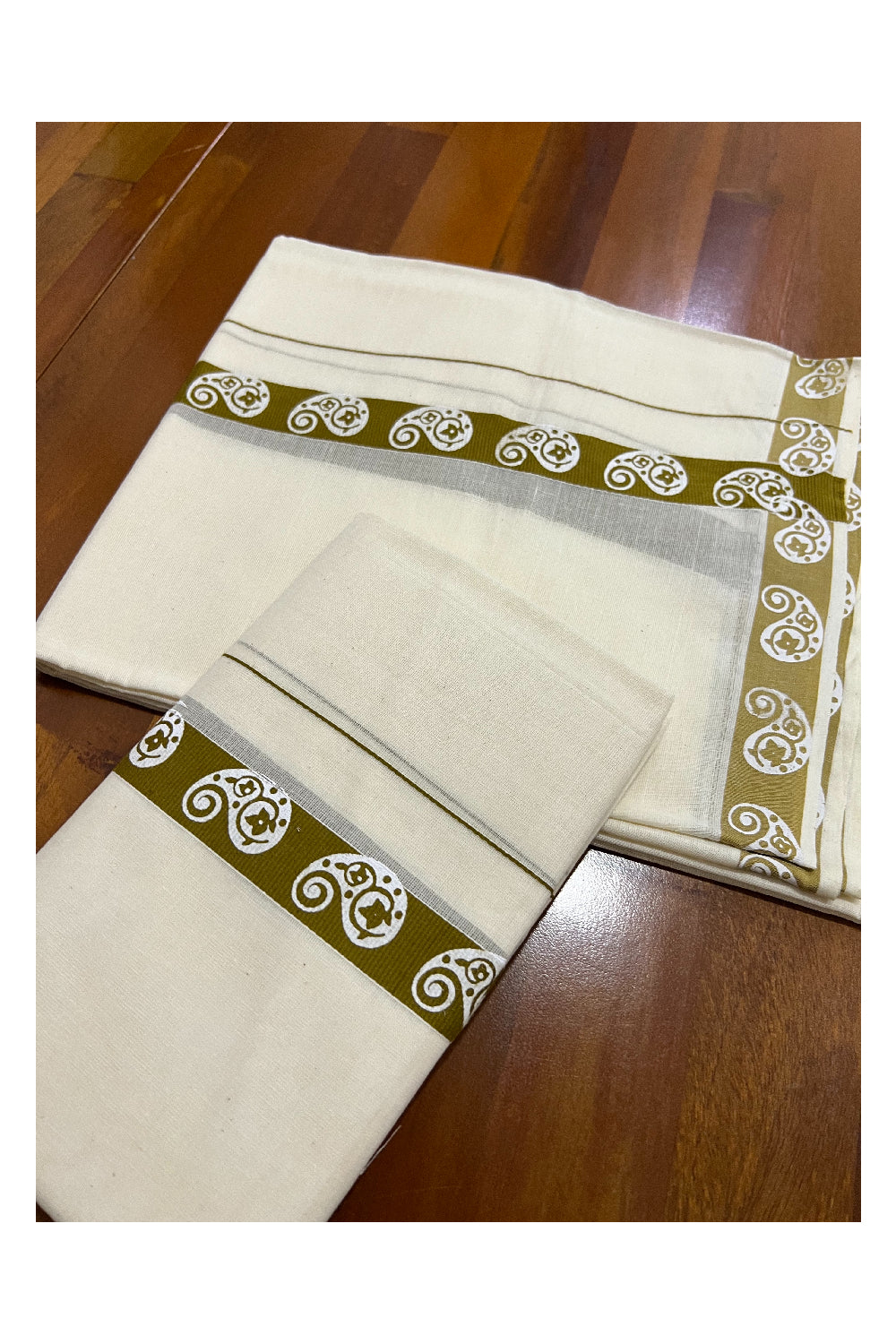 Pure Cotton Set Mundu (Mundum Neriyathum) with White Paisley Block Prints on 1 inch Olive Green Border