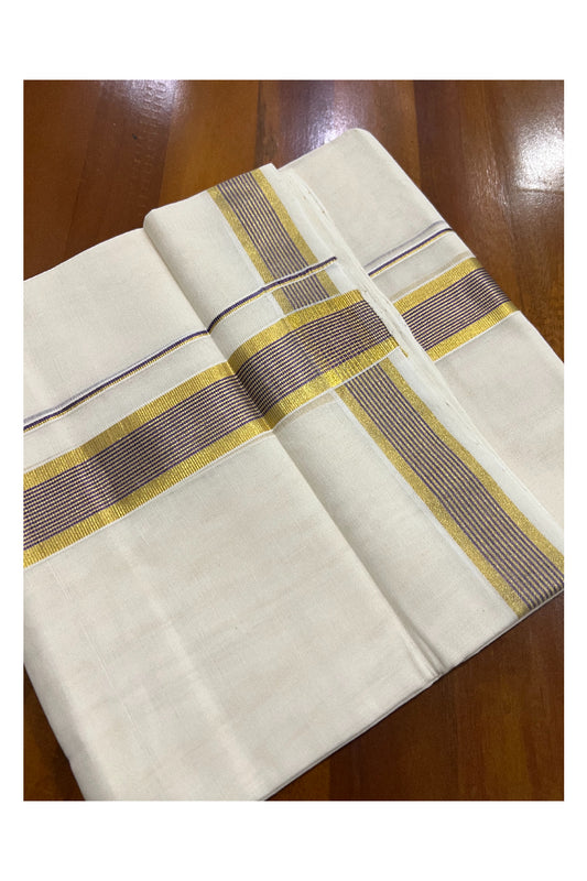 Southloom Balaramapuram Handloom Pure Cotton Mundu with Golden and Violet Line Kasavu Border (South Indian Dhoti)