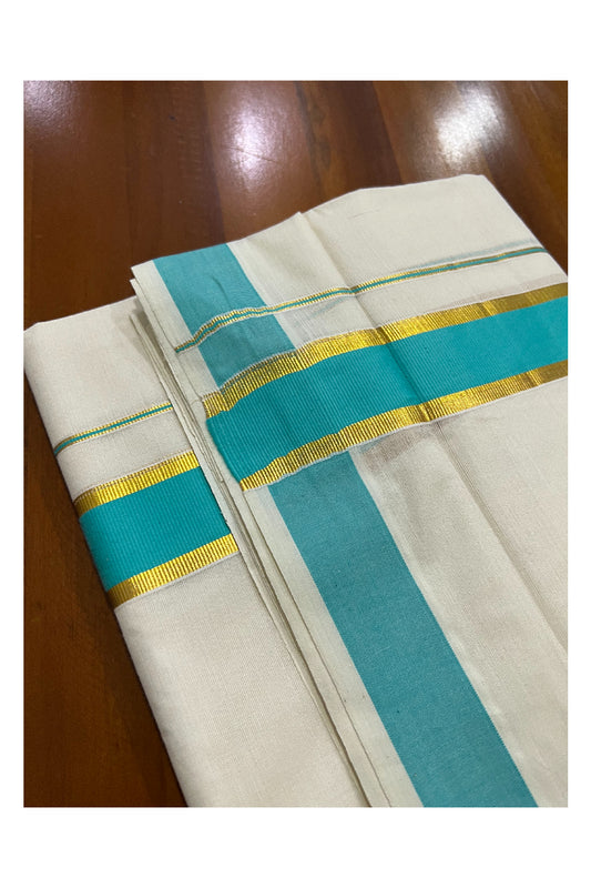 Off White Kerala Double Mundu with Kasavu and Turquoise Border (South Indian Dhoti)