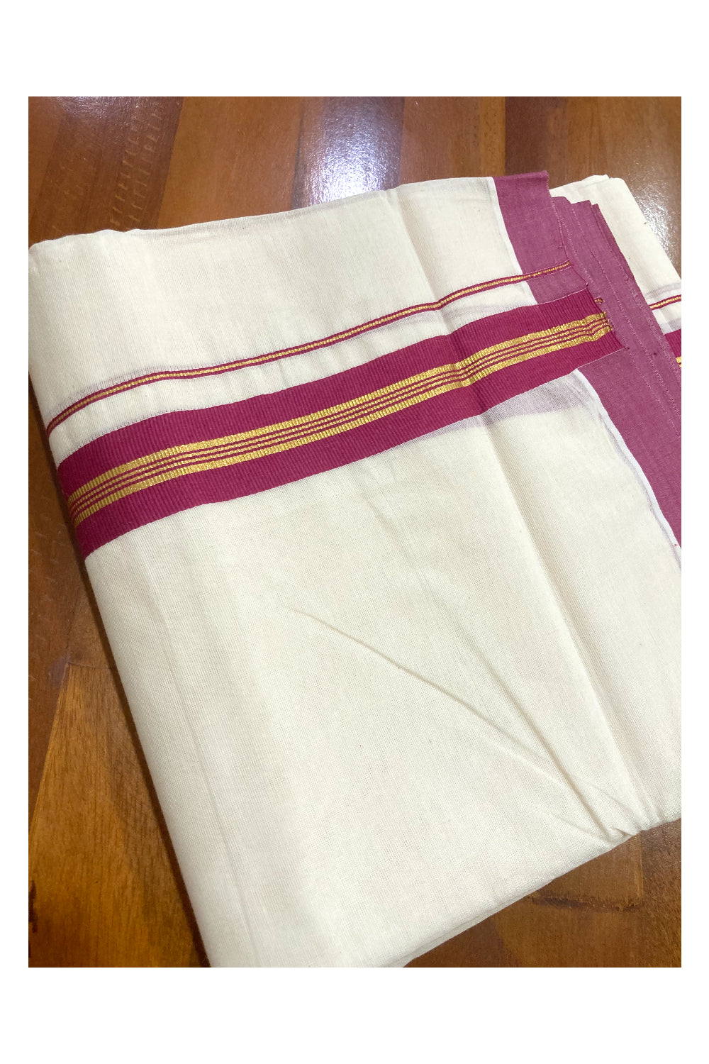 Off White Pure Cotton Double Mundu with Kasavu and Light Magenta Border (South Indian Dhoti)