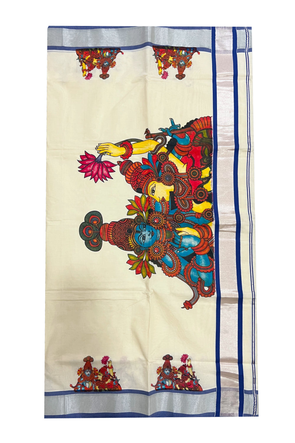 Southloom Silver Kasavu and Blue Kara Saree with Krishna Radha Mural Design