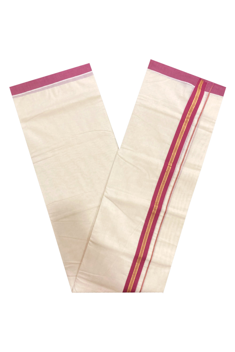 Off White Pure Cotton Double Mundu with Kasavu and Light Magenta Border (South Indian Dhoti)