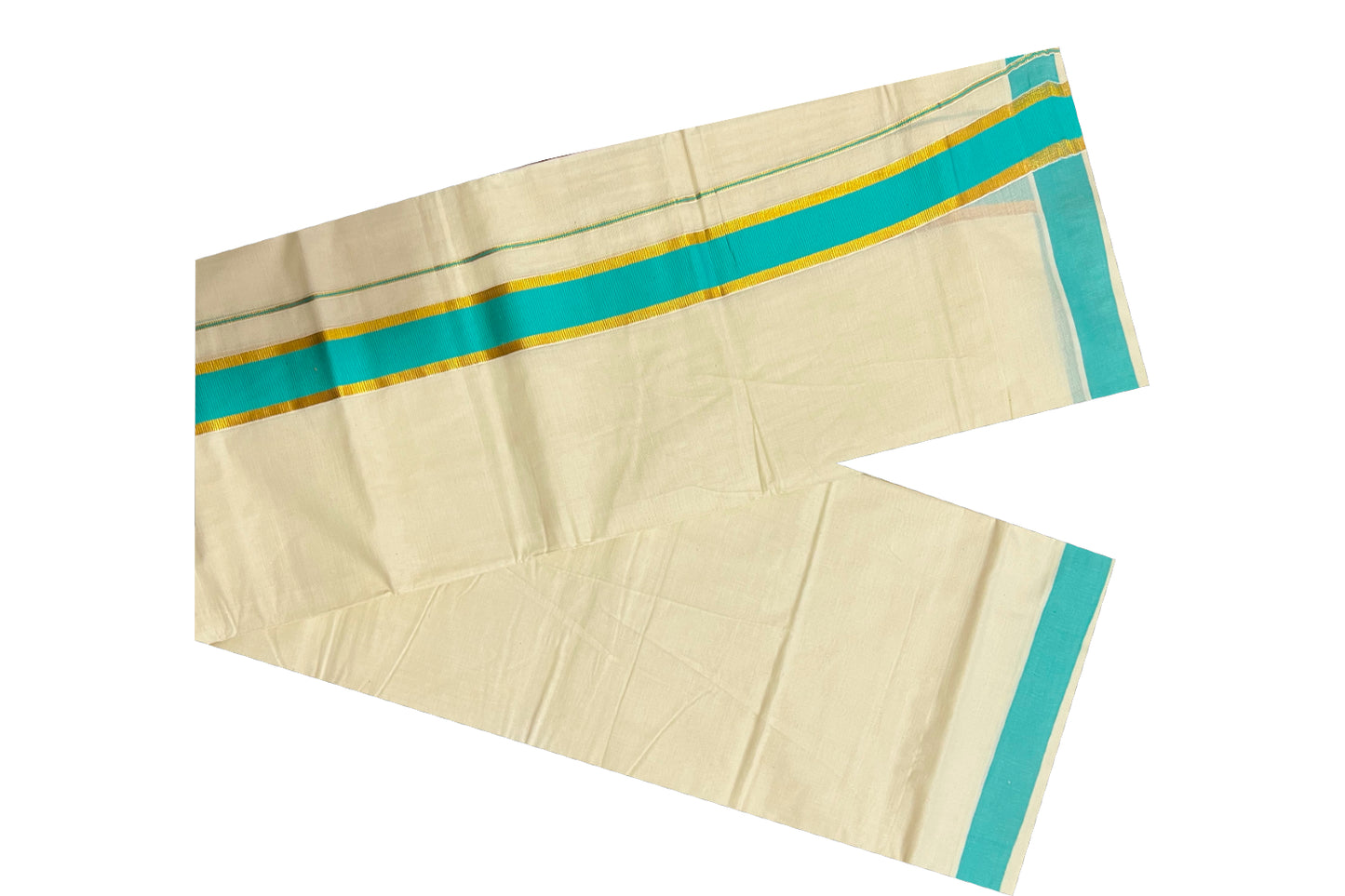 Off White Kerala Double Mundu with Kasavu and Turquoise Border (South Indian Dhoti)