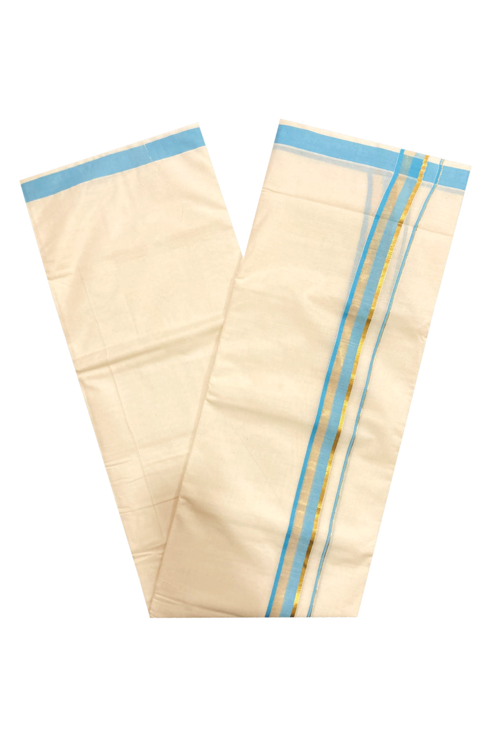 Off White Kerala Double Mundu with Blue and Kasavu Border (South Indian Dhoti)