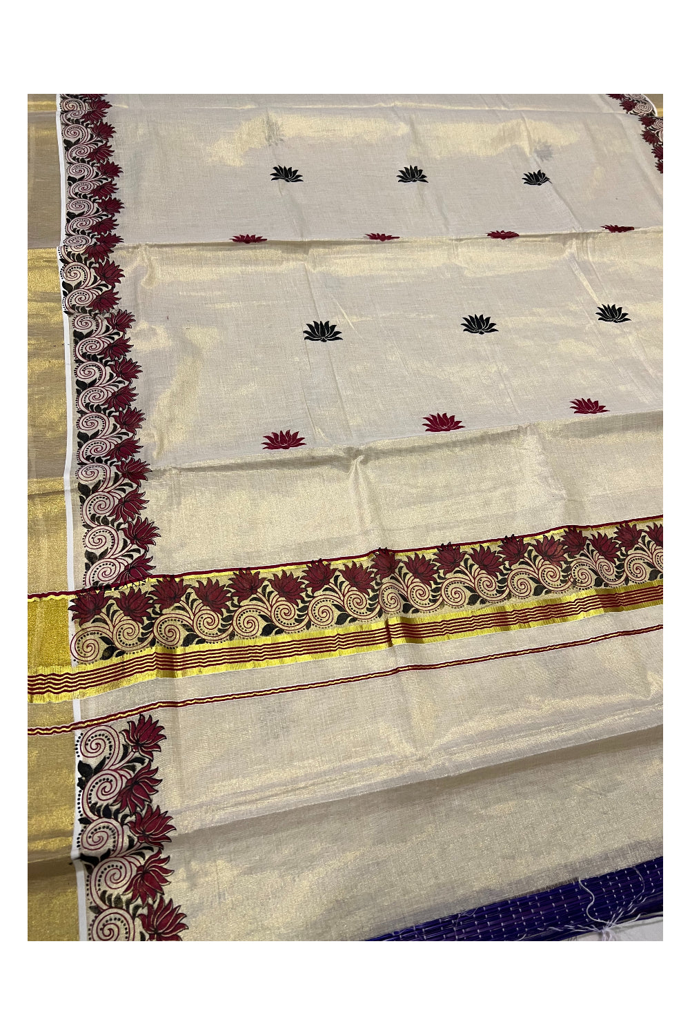 Kerala Tissue Kasavu Saree with Maroon and Black Mural Printed Floral Designs