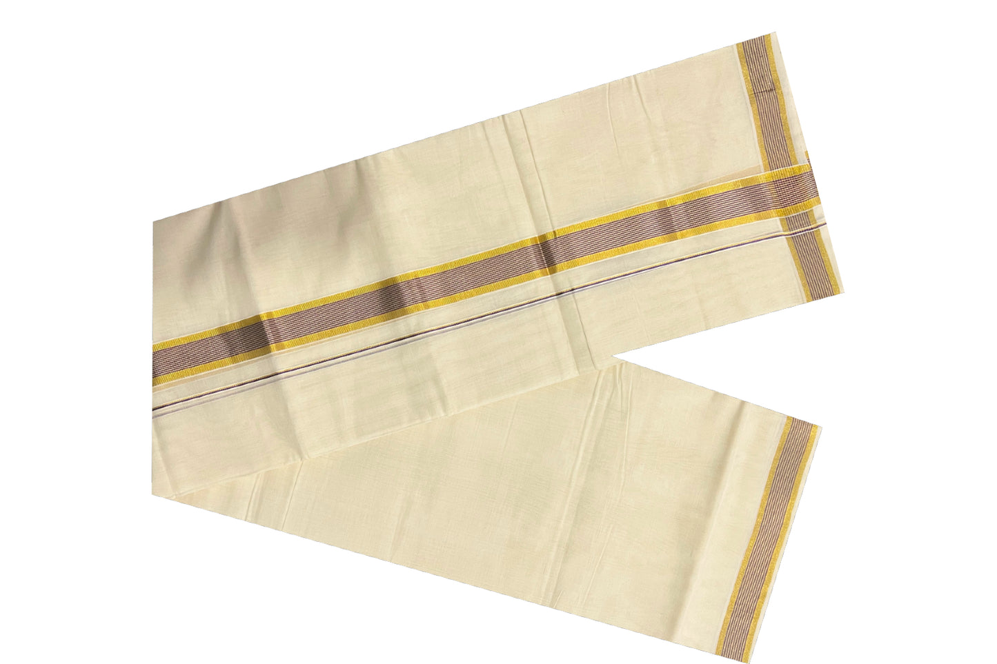 Southloom Balaramapuram Handloom Pure Cotton Mundu with Golden and Violet Line Kasavu Border (South Indian Dhoti)