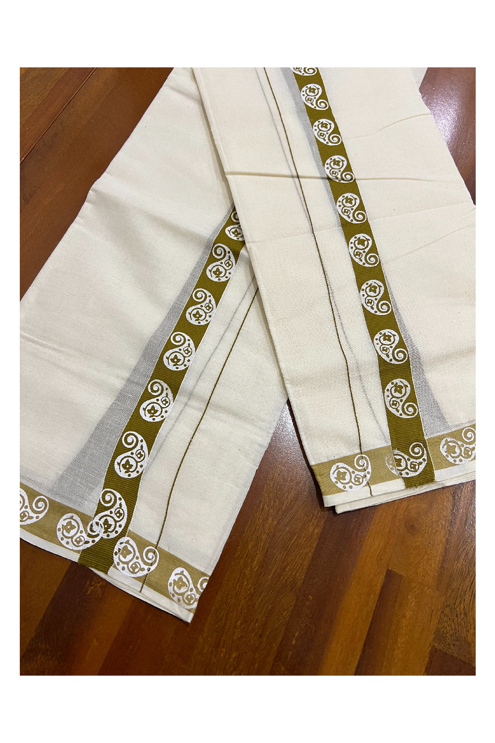 Pure Cotton Set Mundu (Mundum Neriyathum) with White Paisley Block Prints on 1 inch Olive Green Border