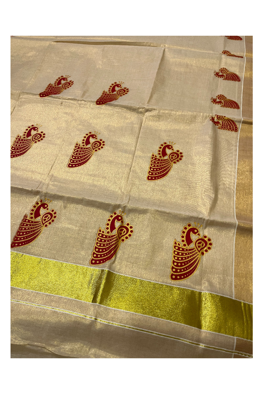 Kerala Tissue Kasavu Red Golden Peacock Block Printed Design Saree