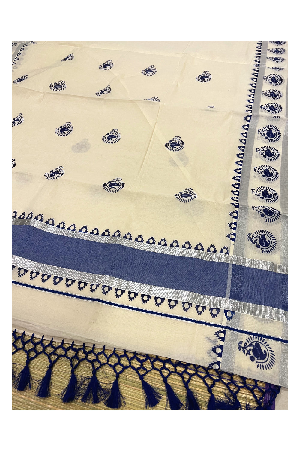 Pure Cotton Kerala Saree with Silver Kasavu Blue Paisley Block Prints on Border and Tassels Works