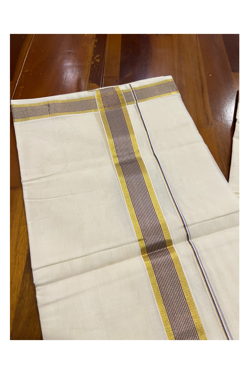 Southloom Balaramapuram Handloom Pure Cotton Mundu with Golden and Violet Line Kasavu Border (South Indian Dhoti)