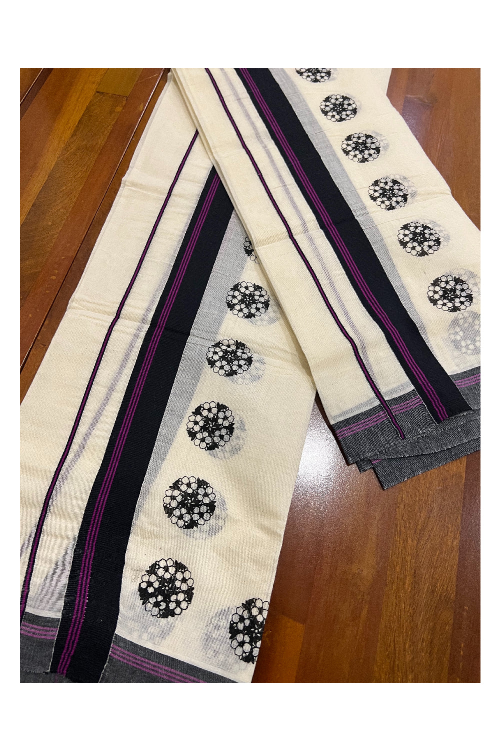Pure Cotton Set Mundu (Mundum Neriyathum) with Black Floral Block Prints and Violet Lines on Border