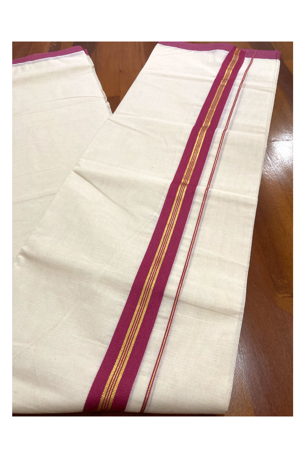 Off White Pure Cotton Double Mundu with Kasavu and Light Magenta Border (South Indian Dhoti)