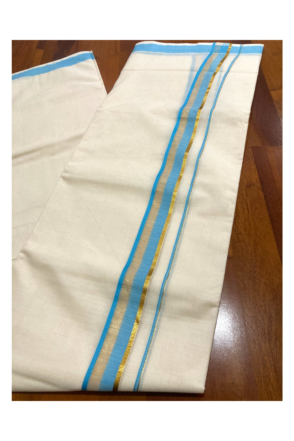 Off White Kerala Double Mundu with Blue and Kasavu Border (South Indian Dhoti)