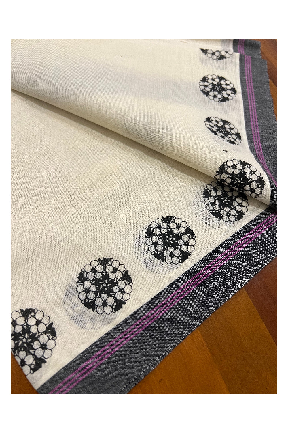 Pure Cotton Set Mundu (Mundum Neriyathum) with Black Floral Block Prints and Violet Lines on Border