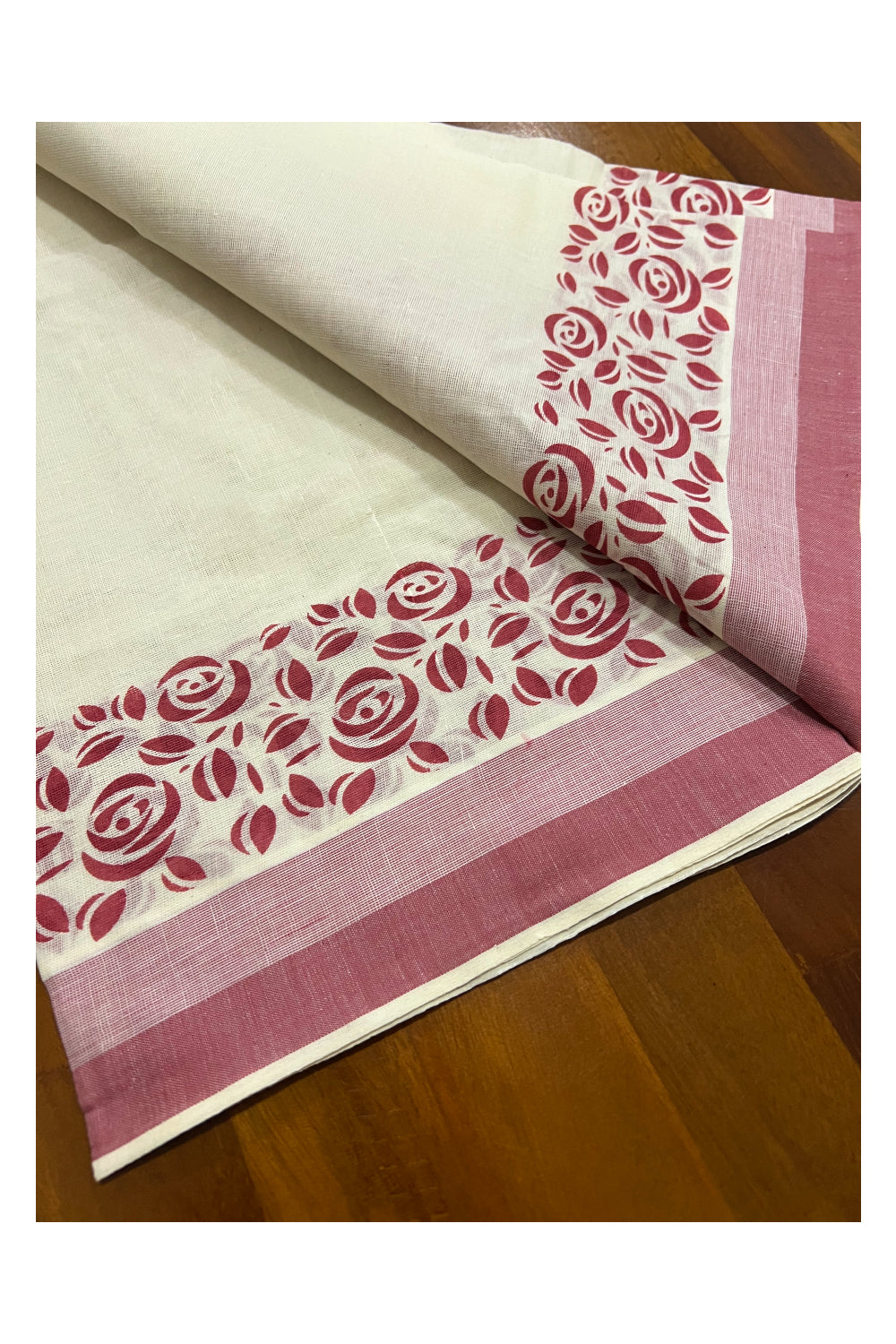 Kerala Cotton Mundum Neriyathum Single (Set Mundu) with Red Floral Block Print Border and Tassels Work