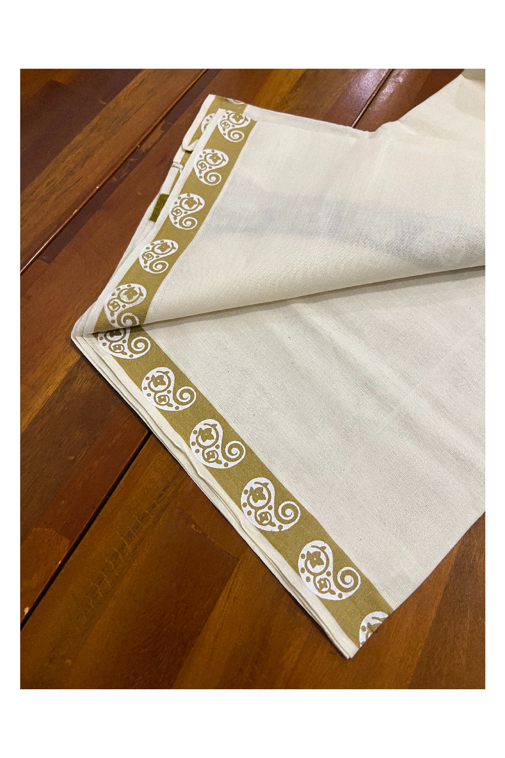 Pure Cotton Set Mundu (Mundum Neriyathum) with White Paisley Block Prints on 1 inch Olive Green Border