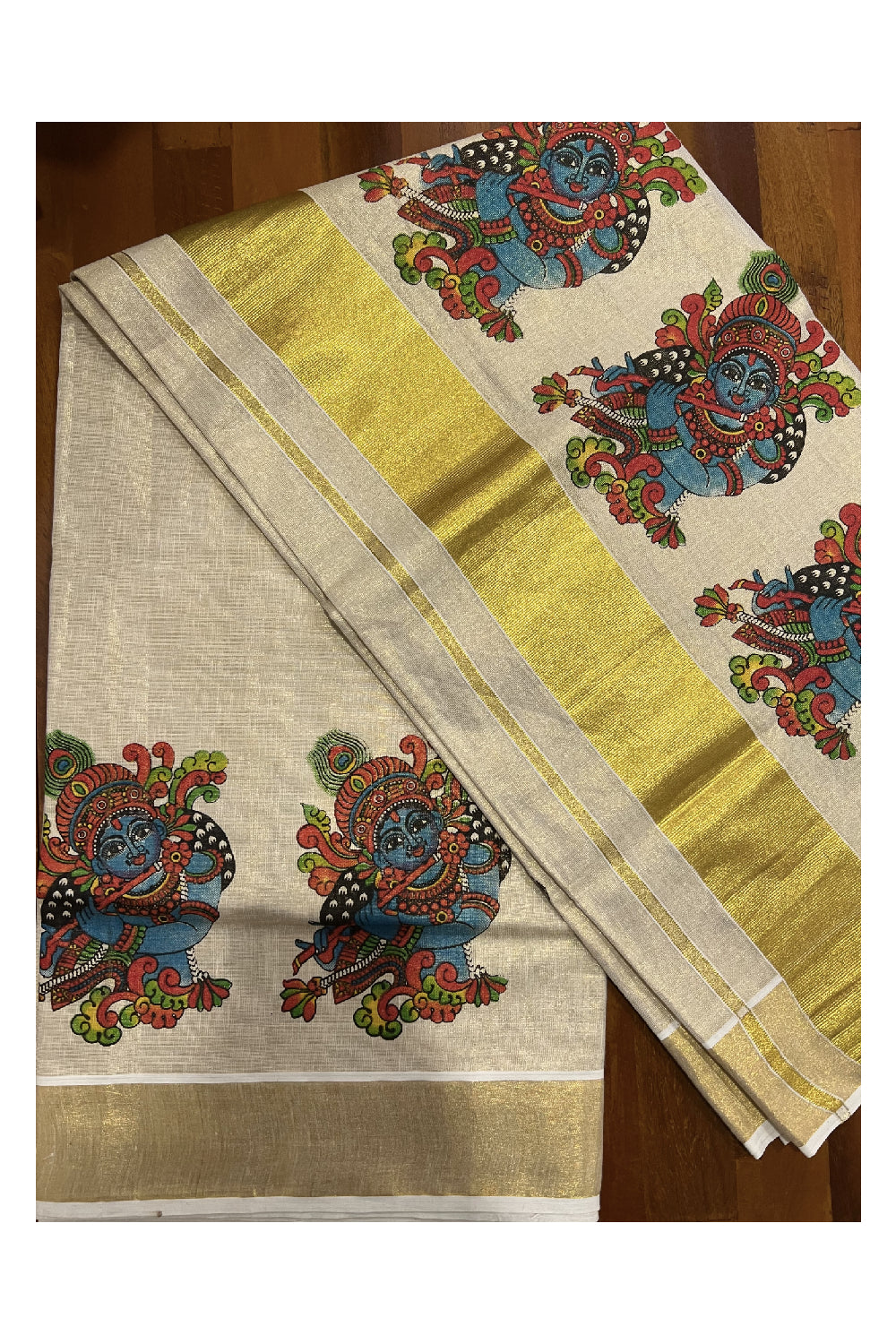 Kerala Tissue Kasavu Saree With Mural Printed Krisna Design