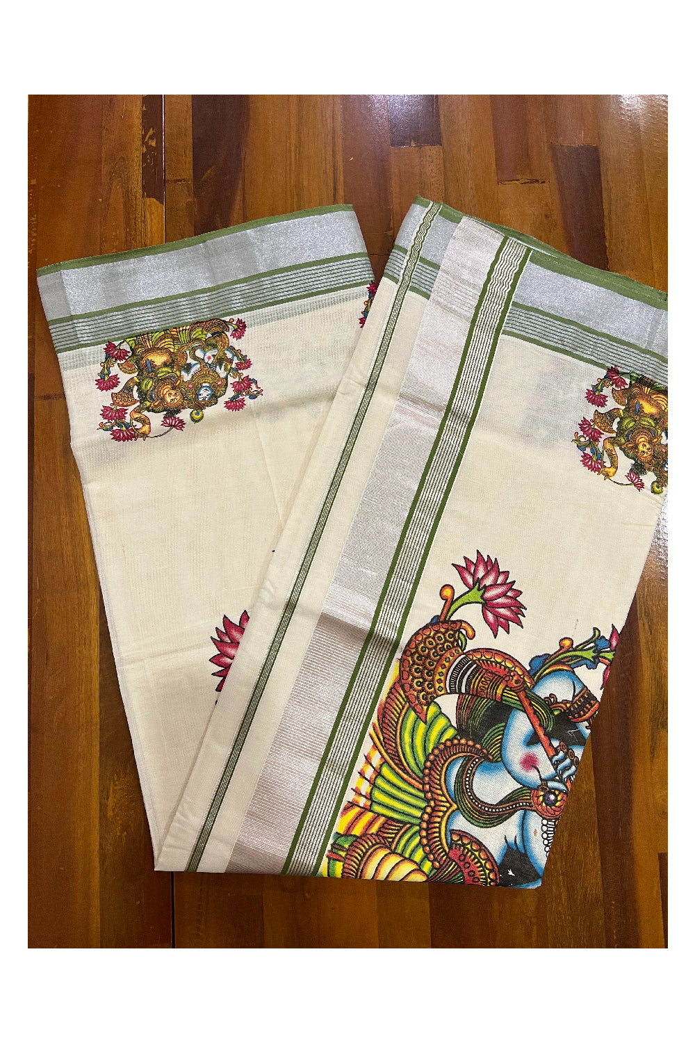 Southloom Onam 2022 Silver Kasavu and Olive Green Kara Saree with Krishna Radha Mural Design