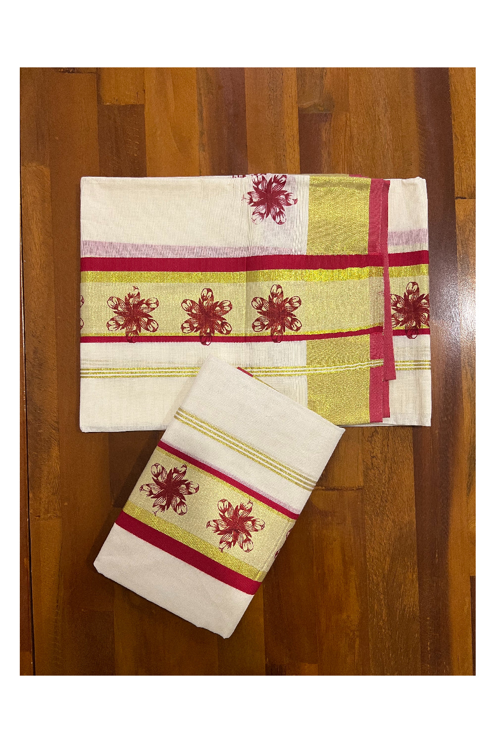 Pure Cotton Kasavu Set Mundu (Mundum Neriyathum) with Red Floral Block Prints on Border