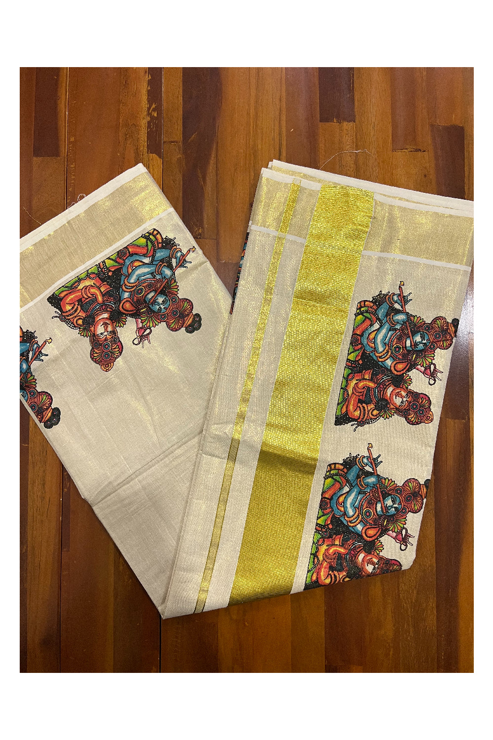 Kerala Tissue Kasavu Saree With Mural Printed Krishna Radha Design