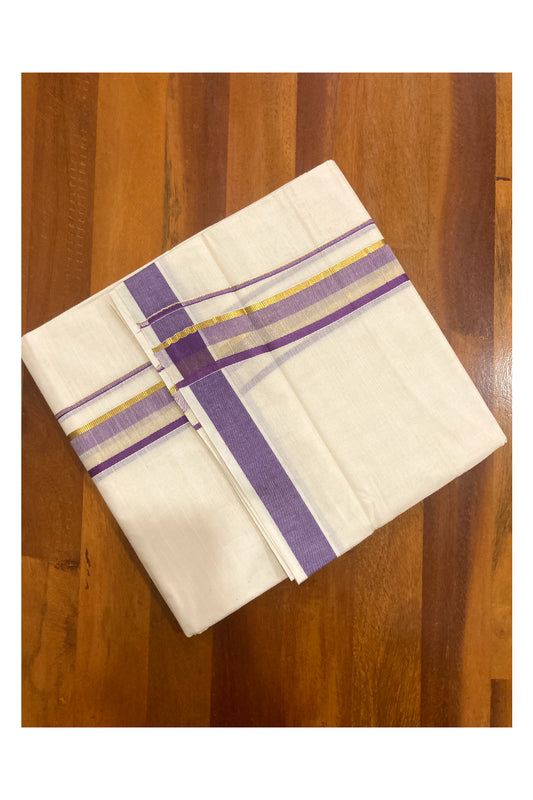 Off White Kerala Double Mundu with Violet and Kasavu Border (South Indian Kerala Dhoti)