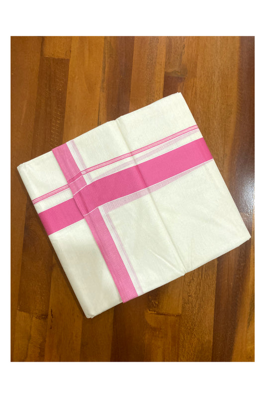 Off White Pure Cotton Double Mundu with Pink Border (South Indian Kerala Dhoti)