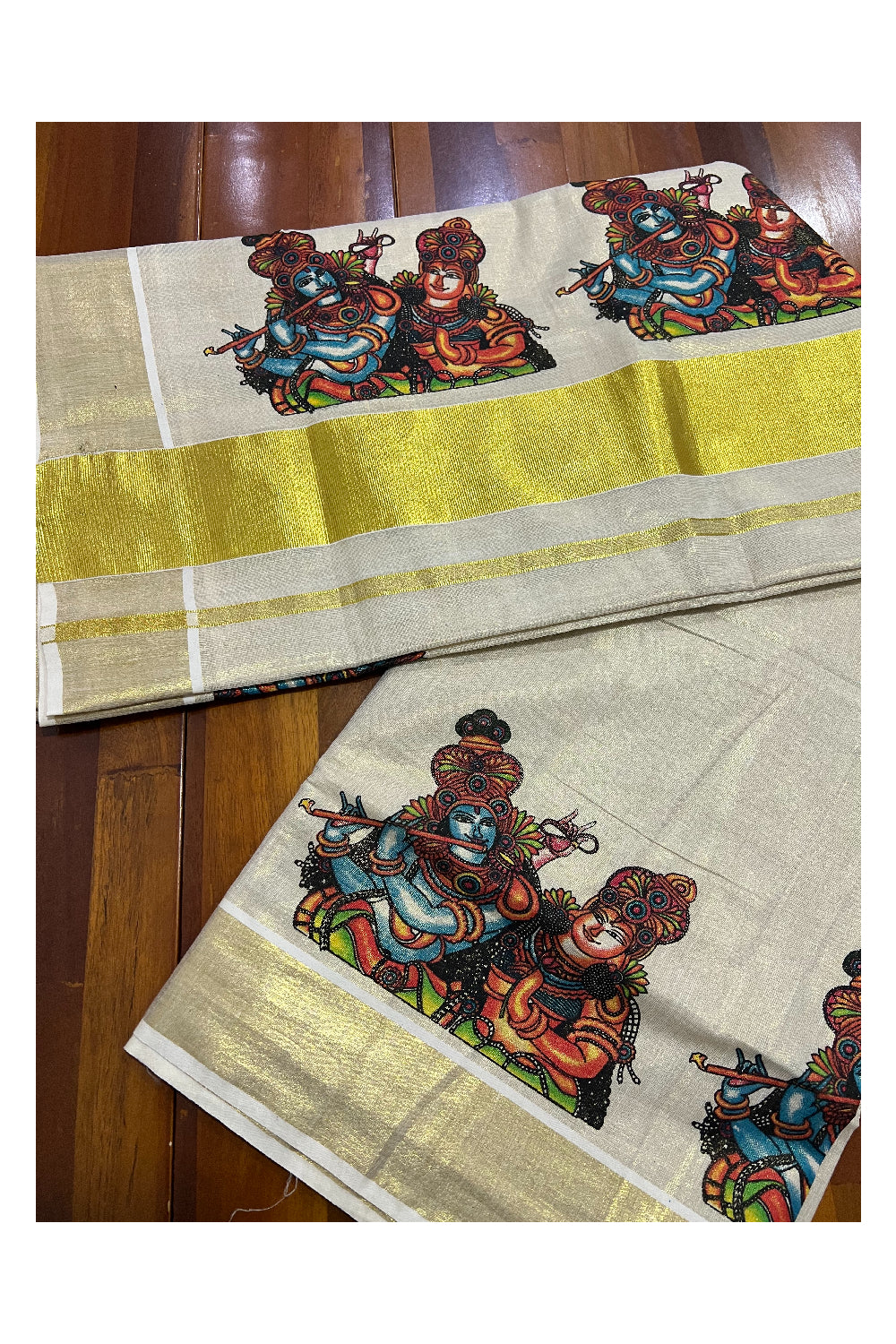 Kerala Tissue Kasavu Saree With Mural Printed Krishna Radha Design