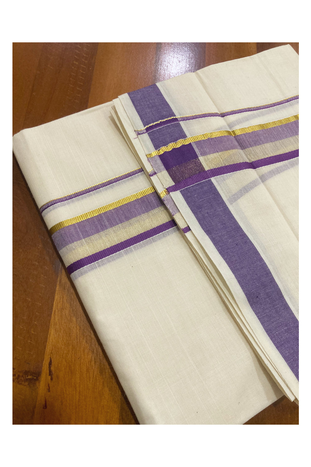 Off White Kerala Double Mundu with Violet and Kasavu Border (South Indian Kerala Dhoti)