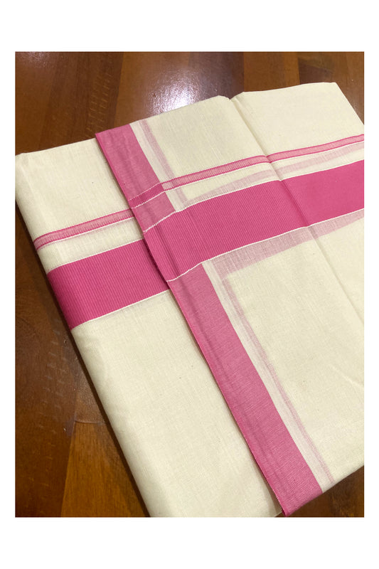 Off White Pure Cotton Double Mundu with Pink Border (South Indian Kerala Dhoti)